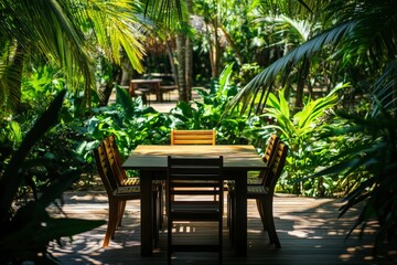 Obraz premium Cozy outdoor wooden deck with clean furniture amidst lush greenery Generative AI