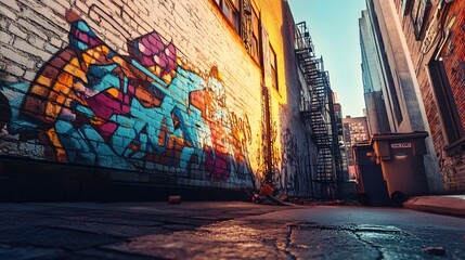 Fototapeta premium Graffiti art decorates a brick wall within a narrow urban alleyway