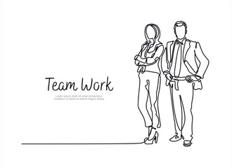 Continuous one line drawing of business people, businesswoman and businessman line art vector illustration. Business teamwork concept.Editable stroke. Doodle vector illustration	