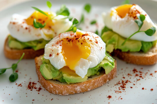 Breakfast toast with poached eggs and avocado. - Powered by Adobe