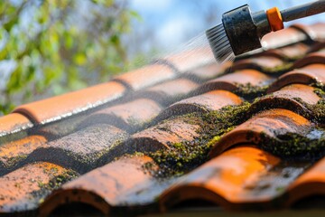Roof cleaning process removing moss and algae with a pressure washer Generative AI