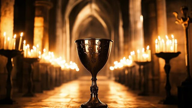 The candlelit hall with an ornate goblet at the forefront surrounded by flickering lights enhances the mystical atmosphere