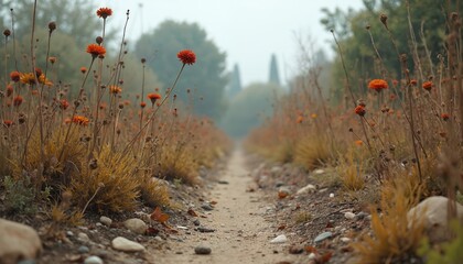 Desolate path leads through wilted orange flowers and dry grass. Arid landscape evokes drought effects on vegetation. Climate change impact on nature. Water scarcity, global warming concepts.