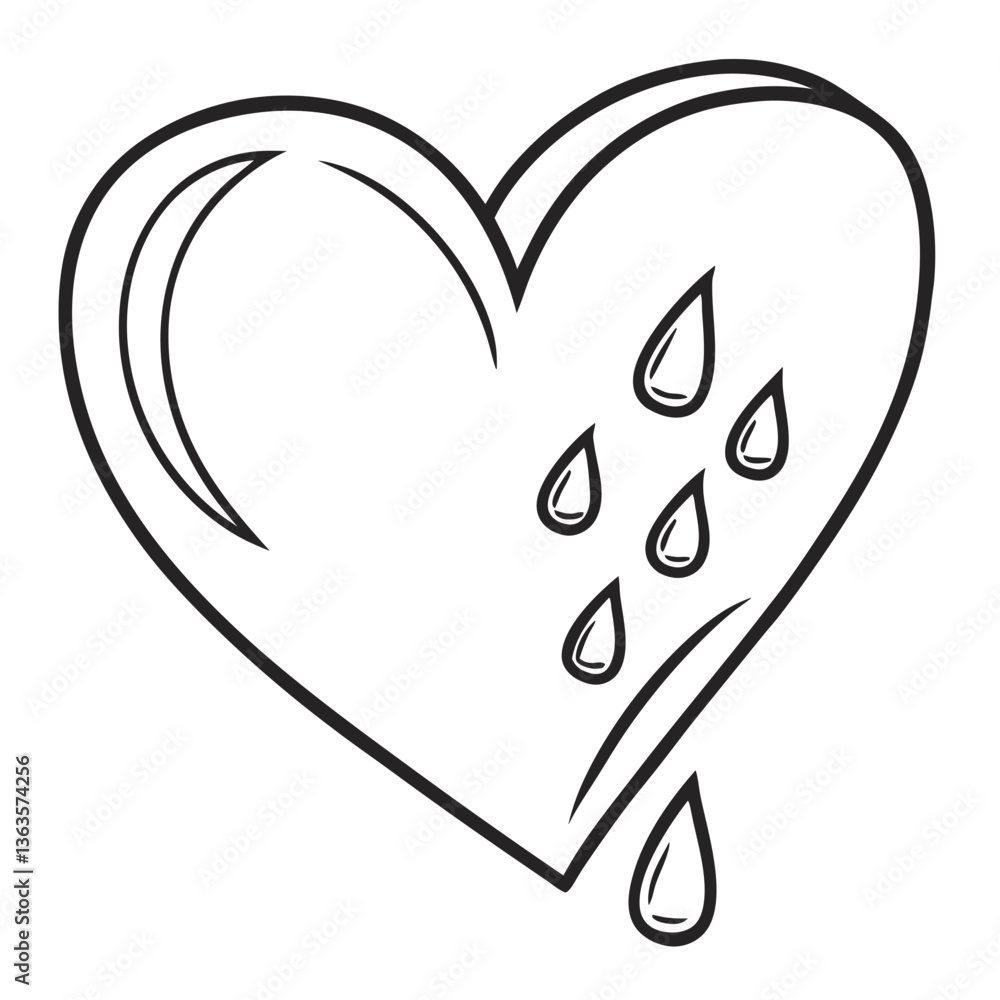 Poster Heart with Tears Symbolizing Sadness in Simple Line Art  