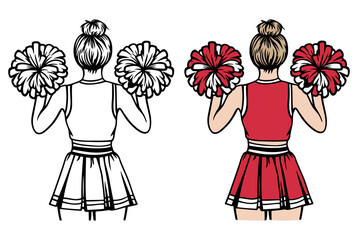 Cheerleader with pom-poms. Silhouettes of cheerleaders. Back View. Vector illustration