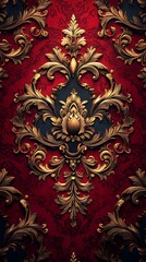 Luxurious Red and Gold Damask Pattern with Ornate Floral Designs on Dark Blue Background

