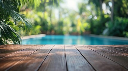 Swimming pool with a wooden deck in the middle of it, surrounded by lush greenery and trees in the background, Tropical background for your products presentation.
