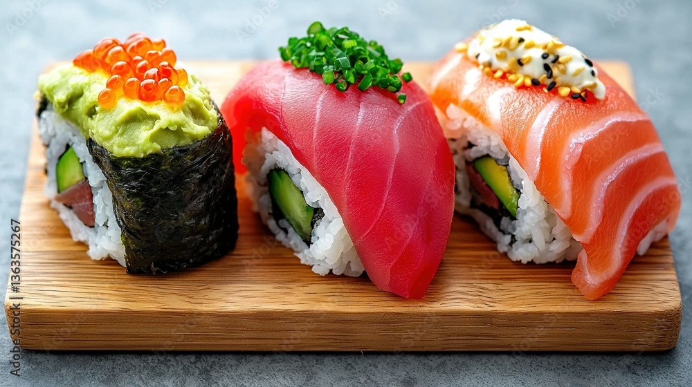 Poster three types of sushi on a wooden plate rest atop a gray countertop one features a green garnish whil