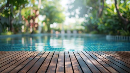 Swimming pool with a wooden deck in the middle of it, surrounded by lush greenery and trees in the background, Tropical background for your products presentation.