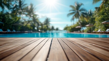 Swimming pool with a wooden deck in the middle of it, surrounded by lush greenery and trees in the background, Tropical background for your products presentation.