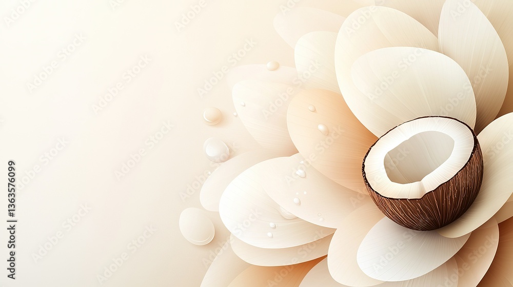 Poster a close-up of a coconut on a flower with droplets of water on the image's bottom and one drop on the