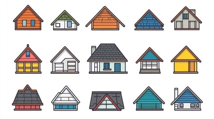 Various House Styles, Colorful, Outline Illustrations