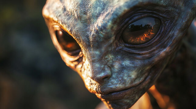Close-up of an extraterrestrial hybrid, its features blending human and alien characteristics in a mesmerizing way.
