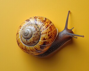 Close-up of a snail crawling on a vibrant yellow background, showcasing its texture and form