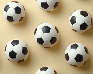 Aerial view of multiple soccer balls arranged on a soft beige background
