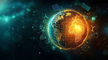 Obraz premium Glowing Earth with sustainable energy doodles wind turbines and solar panels forming a futuristic eco friendly concept ultra realistic