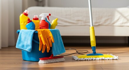 Cleaning equipment set for home hygiene. Bucket with bottles, gloves, broom and mop for cleaning service. Spring cleaning concept for household chores