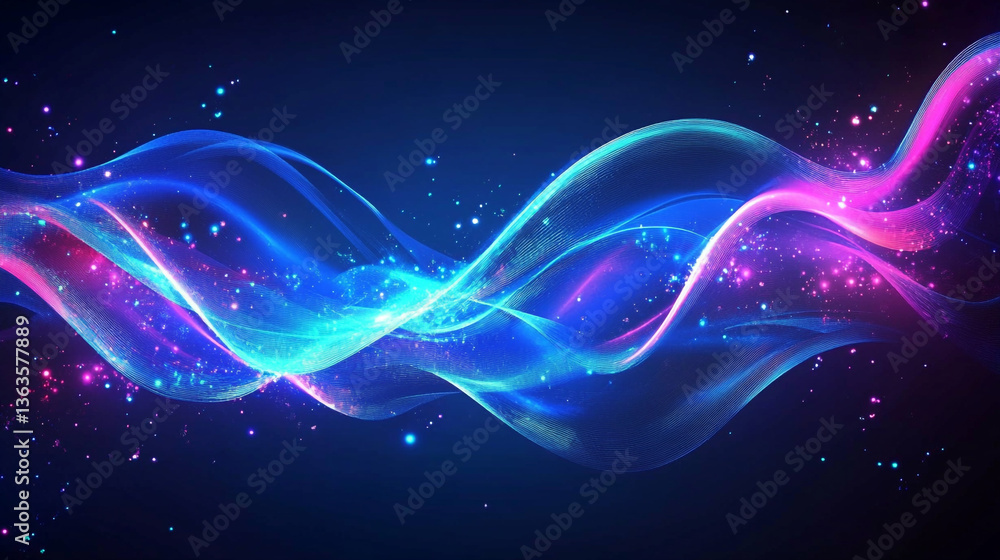 Aufkleber abstract waves of blue and pink light with sparkling particles on a dark background design