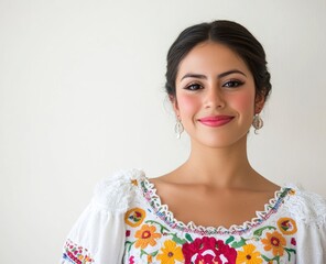 Smiling Woman Wearing Traditional Embroidered Blouse with Earrings and Makeup