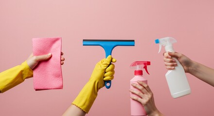 Hands with cleaning supplies on pink background. Cleaning service with a squeegee, microfiber cloth and spray bottles for hygiene, sanitizing and household chores