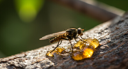 Feather-legged fly enjoying tree sap, a macro shot in natural sunlight