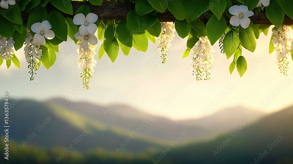 Aufkleber a tree's branch adorned with white blossoms stands out in the foreground while a mountain range loom