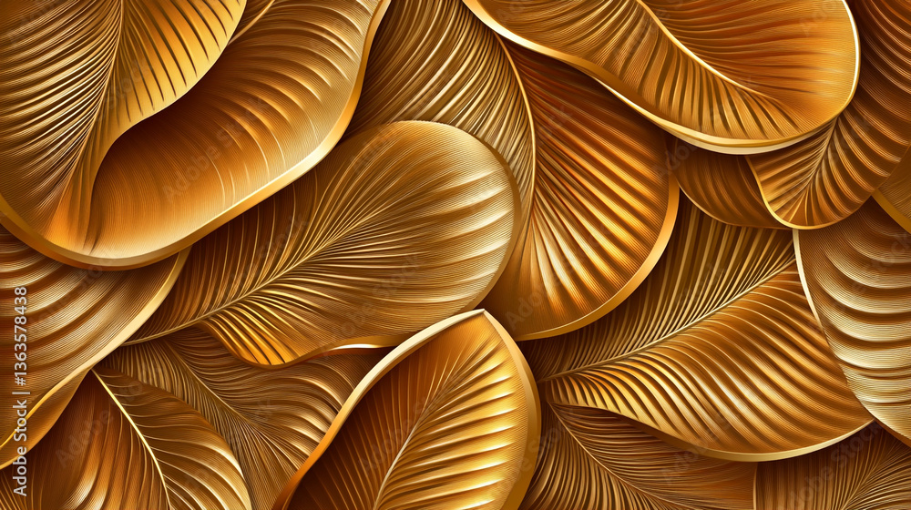 Aufkleber a dense arrangement of golden leaves with intricate vein patterns creating a rich texture design