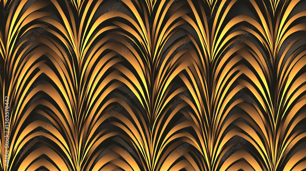 Poster repeating pattern of gold and black art deco style arches creating a elegant background design