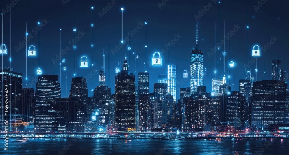 Poster a city skyline at night with digital padlock icons floating above it, symbolizing security in urban 