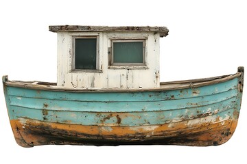An old weathered fishing boat with a small cabin on top