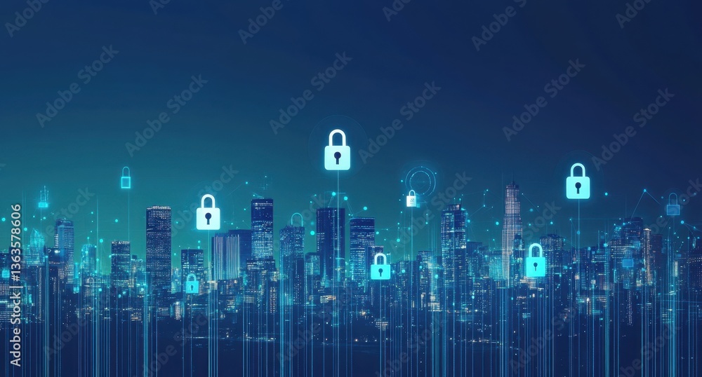 Poster a digital cityscape with a skyline featuring multiple padlock icons, symbolizing the protection of d