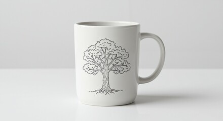 white ceramic mug featuring a hand-drawn tree design symbolizing nature and growth on a minimalist background