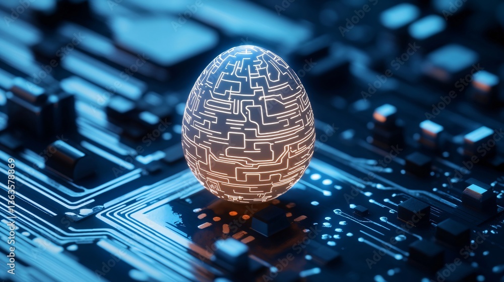 Poster easter egg with maze pattern on circuit board. futuristic easter concept. digital transformation of 