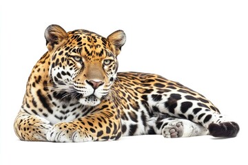 Obraz premium Resting Jaguar Portrait with Spotted Fur Isolated on White Background