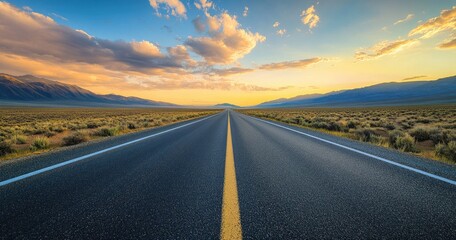 Naklejka premium Empty highway stretching into a golden sunset over a desert landscape