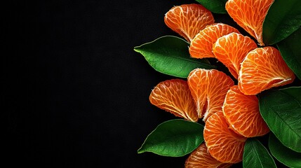 Obraz premium Orange cluster resting atop leafy plant on dark platform against black backdrop