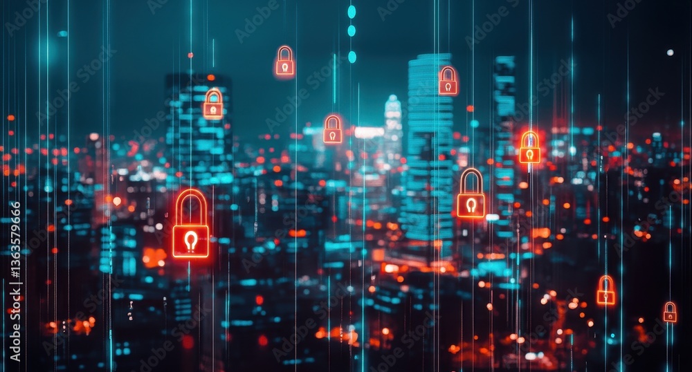 Poster an abstract digital cityscape with illuminated padlock icons floating above, representing the role o