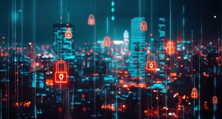 Fototapeta premium An abstract digital cityscape with illuminated padlock icons floating above, representing the role of security in modern urban life Generative AI