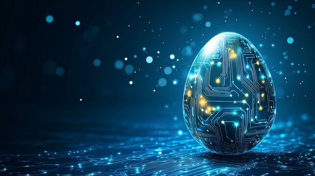 Futuristic Easter egg with circuit board pattern glowing on dark blue background. Digital Easter concept. Technology and holiday fusion for greeting card design.