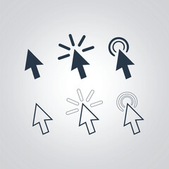 Set of flat modern cursor icons, mouse icons, actions with a silver background