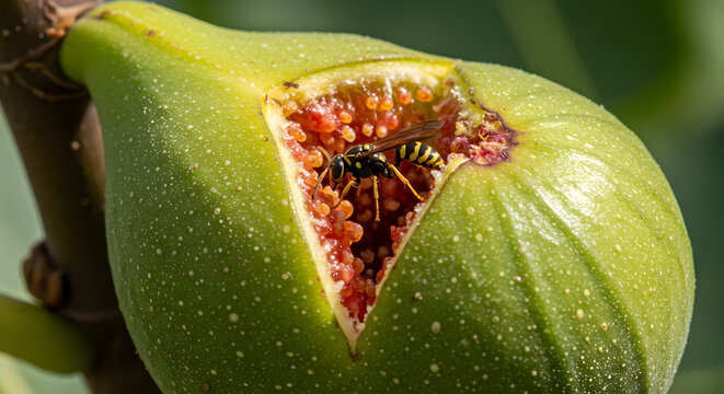 Fig wasp's symbiotic dance entering a syconium fruit for pollination, a natural cycle