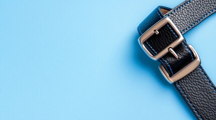 Black leather belt, gold buckle, blue stitches on a pastel blue background