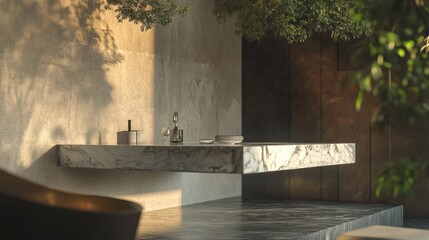 Serene Minimalist Interior Design, Marble Countertop and Greenery
