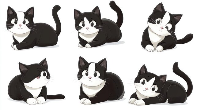 Six tuxedo cats poses;  illustration, white background, cute pets, digital art, children's book