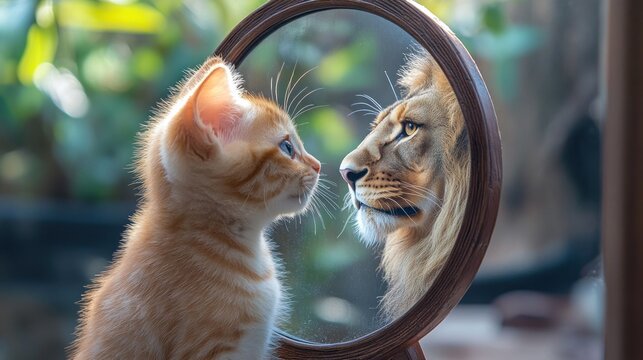 Kitten and lion reflection in round mirror.