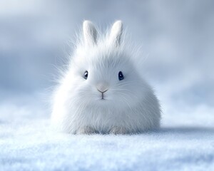 A fluffy white rabbit sitting in the snowy fluffy winter landscape
