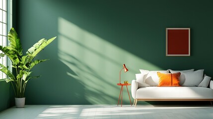   A green-walled living room with a white couch and a potted plant in its corner