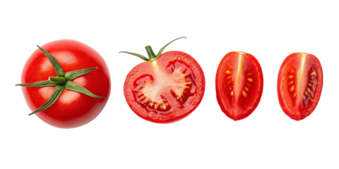 whole and halved ripe red tomatoes isolated on a white background