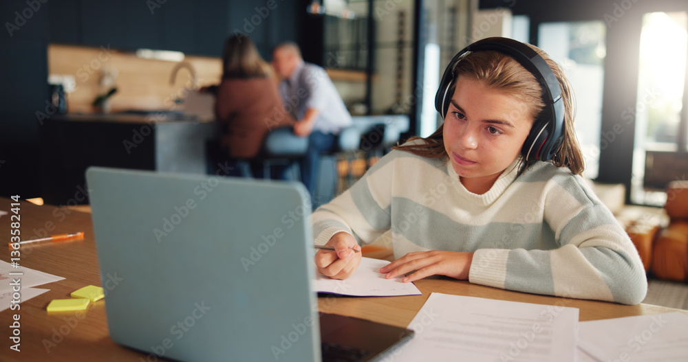 Poster video call, virtual class and child on laptop for online learning, education and lesson on website. 