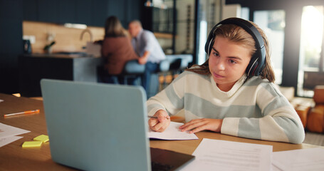 Video call, virtual class and child on laptop for online learning, education and lesson on website....